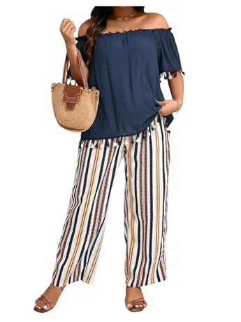 Plus Size Striped Outfit Set, Multicolour