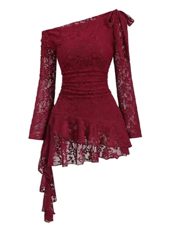 Long Sleeve Lace Dress, Burgundy (Small)
