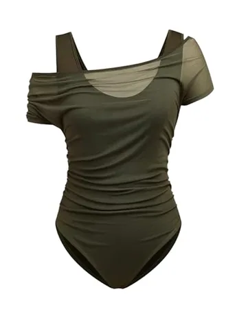 Plus Size Short Sleeve Mesh Bodysuit, Army Green