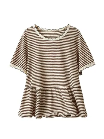 Plus Size Short Sleeve Striped T-Shirt, Coffee