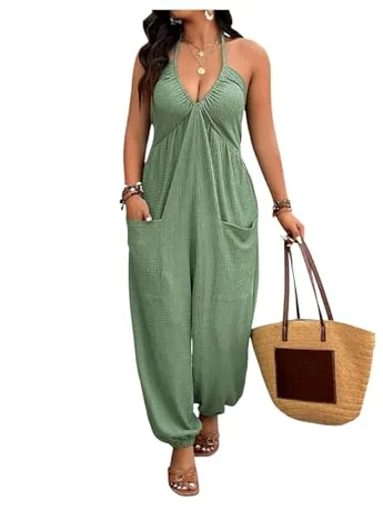 Plus Size Sleeveless Backless Jumpsuit, Green (Large Plus)