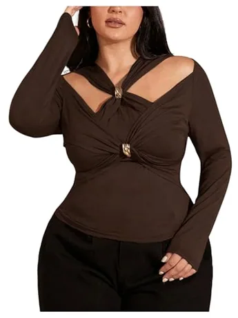Plus Size Long Sleeve Ruched T-Shirt, Coffee