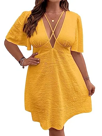 Plus Size Short Sleeve Backless Dress, Yellow