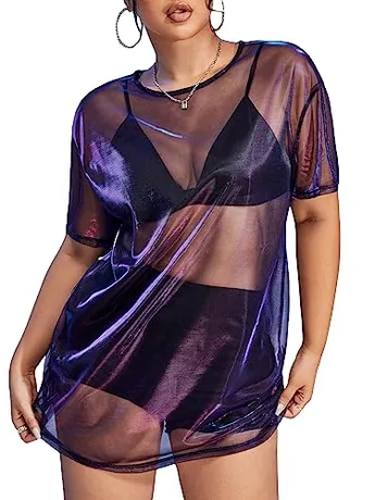 Plus Size Short Sleeve Mesh Dress, Purple