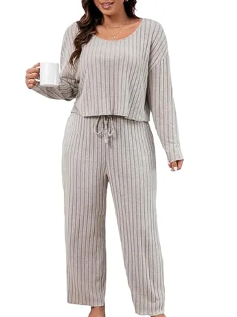 Plus Size Long Sleeve Ribbed Sleep Set, Khaki