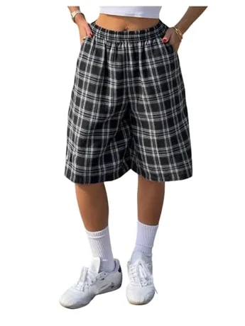 Wide Leg Plaid Shorts, Black