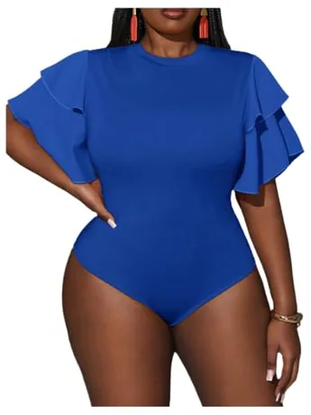 Plus Size Short Sleeve Ruffle Bodysuit, Blue