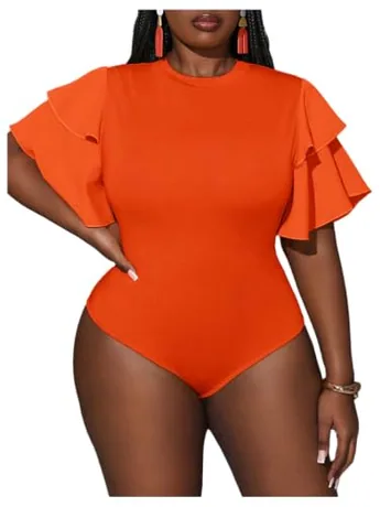 Plus Size Short Sleeve Ruffle Bodysuit, Orange (X-Large Plus)