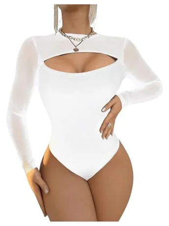 Long Sleeve Mesh Bodysuit, White (Small)