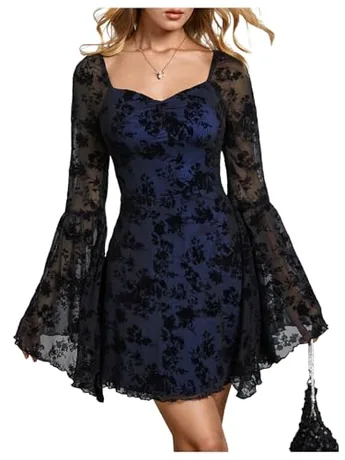 Long Sleeve Floral Dress, Black