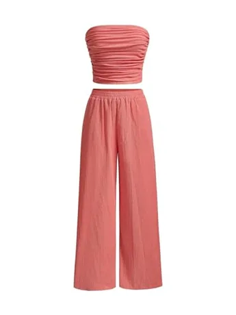 Wide Leg Ruched Outfit Set, Orange (X-Small)