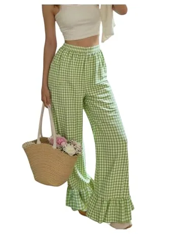 Wide Leg Plaid Trousers, Green (X-Large)