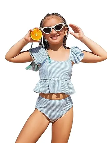 Striped Swimsuit, Blue (10 Years)