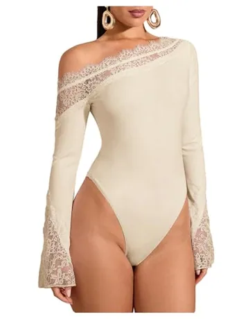 Long Sleeve Lace Bodysuit, Apricot